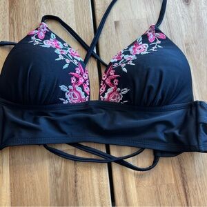 Hula Honey Black Embroidered Floral Bikini Top Size M
